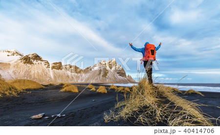 Young man traveler with backpack, celebrating with gesture, Iceland. Young man traveler with backpack, celebrating with gesture, Iceland. 40414706