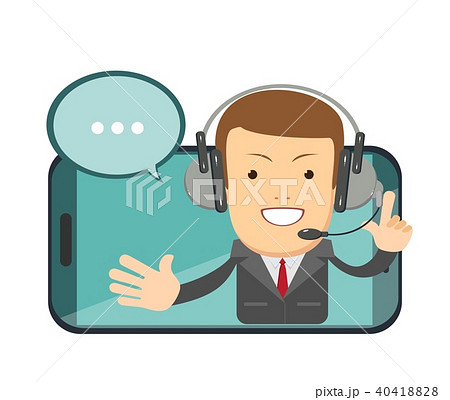 Smiling male operator with headset speaking from screen of a smart phone. Customer service concept. Smiling male operator with headset speaking from screen of a smart phone. Customer service concept. 40418828