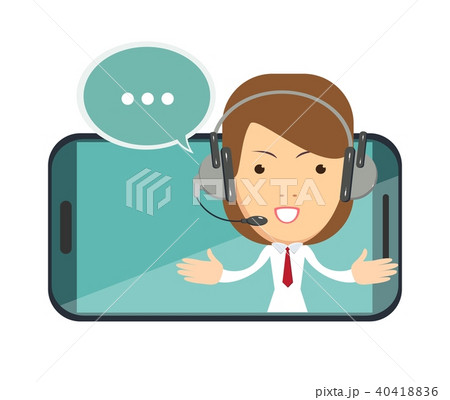 Smiling female operator with headset speaking from screen of a smart phone. Customer service concept Smiling female operator with headset speaking from screen of a smart phone. Customer service concept 40418836
