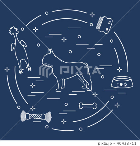 Silhouette of french bulldog, bowl, bone, brush, 40433711