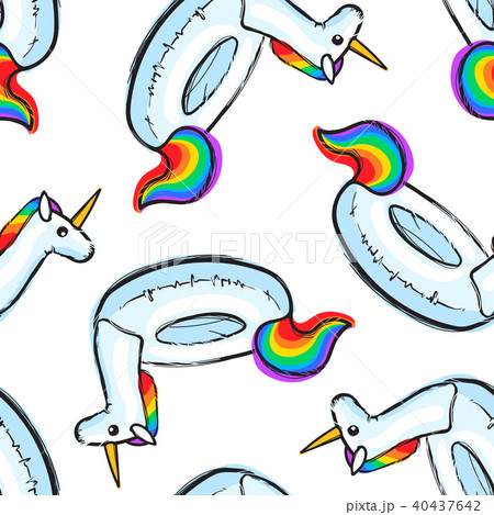 Seamless pattern with inflatable Rainbow Unicorn. Swim ring. Summer print, sticker, badge, fashion 40437642