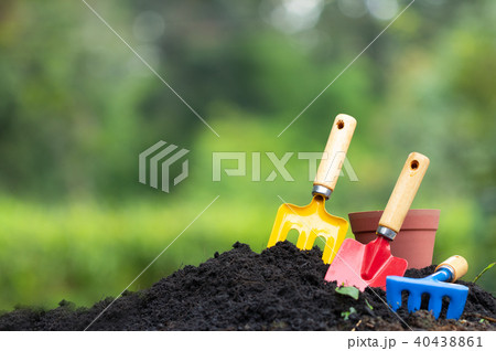Tools garden soil and hydrangea flower in flower Tools garden soil and hydrangea flower in flower 40438861