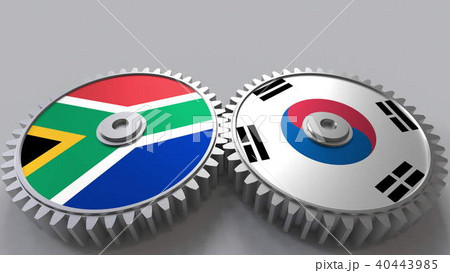 Flags of South Africa and Korea on meshing gears. International cooperation conceptual 3D rendering 40443985