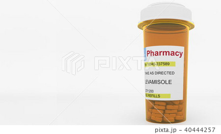 LEVAMISOLE generic drug pills in a prescription bottle. Conceptual 3D rendering LEVAMISOLE generic drug pills in a prescription bottle. Conceptual 3D rendering 40444257