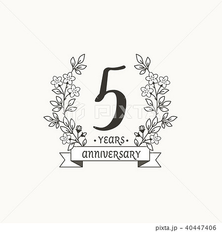5周年ロゴ テンプレート リボンと花のイラスト素材