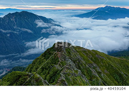 夜明けの西穂高岳・独標と霞沢岳・乗鞍岳の展望 40459104