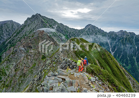 西穂高岳から雲流れる奥穂への稜線と登山者 40460239