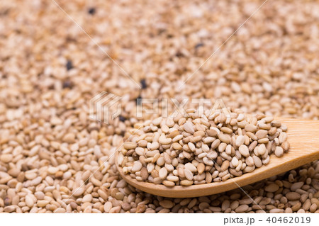 white sesame in wooden spoon on sesame background. white sesame in wooden spoon on sesame background. 40462019