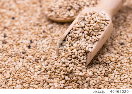 white sesame in wooden spoon on sesame background. 40462020