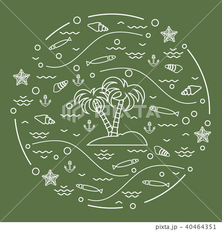 fish, island with palm trees, anchor, waves, fish, island with palm trees, anchor, waves, 40464351