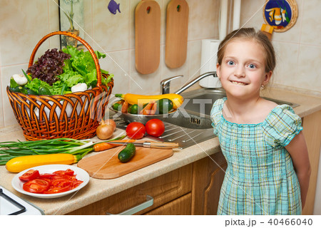 girl posing in home kitchen with fresh fruits girl posing in home kitchen with fresh fruits 40466040