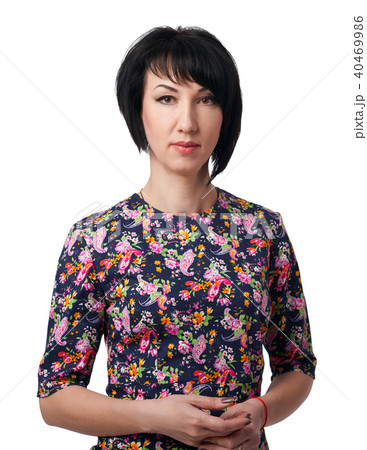 woman in dress with flower pattern on white 40469986