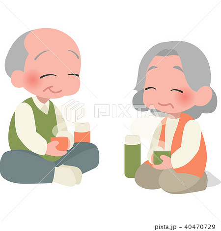 座ってお茶を飲む高齢者のイラスト素材