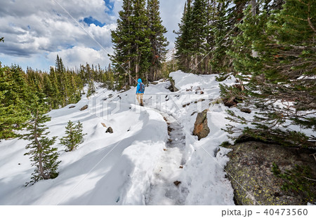 Tourist with backpack hiking on snowy trail 40473560