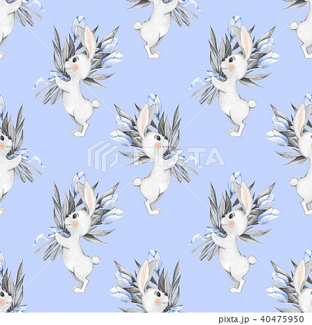 Seamless pattern with cartoon white rabbits 4 40475950