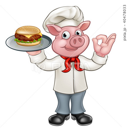 Cartoon Character Pig Chef Holding Burger 40478033