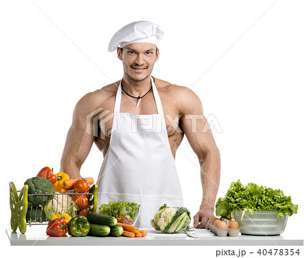 Man bodybuilder in white toque blanche Man bodybuilder in white toque blanche 40478354