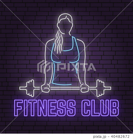 Neon fitness club sign on brick wall background. Vector illustration. 40482672