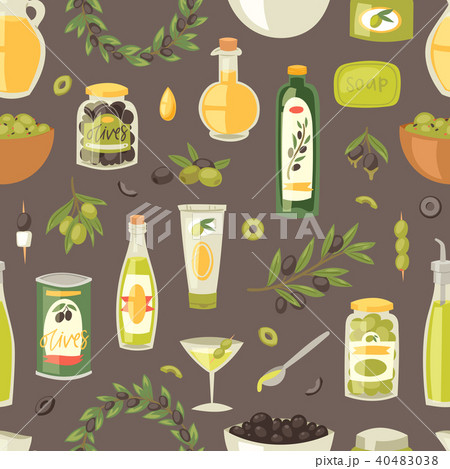 Olive vector oliveoil bottle with virgin oil and olivaceous ingredients for vegetarian food 40483038