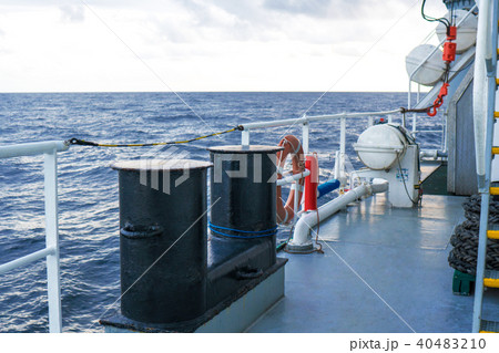 View of ocean from ship or vessel. LSA life saving equipment is on deck View of ocean from ship or vessel. LSA life saving equipment is on deck 40483210