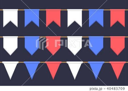 Set of garlands with celebration flags chain, white, blue, red pennons on dark background, footer 40483709