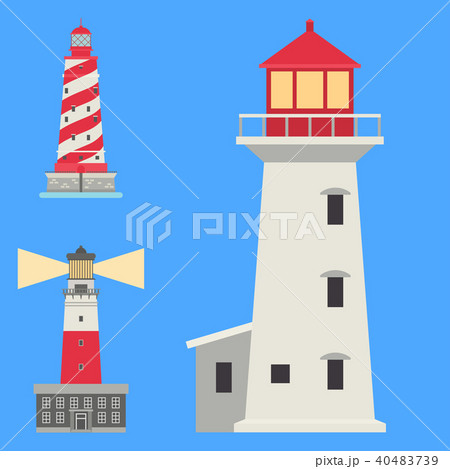 Lighthouses vector flat searchlight towers for maritime navigation guidance ocean beacon light Lighthouses vector flat searchlight towers for maritime navigation guidance ocean beacon light 40483739