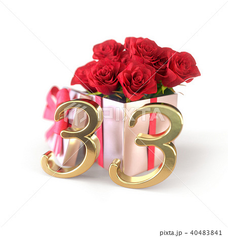 birthday concept with red roses in gift isolated on white background. thirty-third. 33rd. 3D render birthday concept with red roses in gift isolated on white background. thirty-third. 33rd. 3D render 40483841