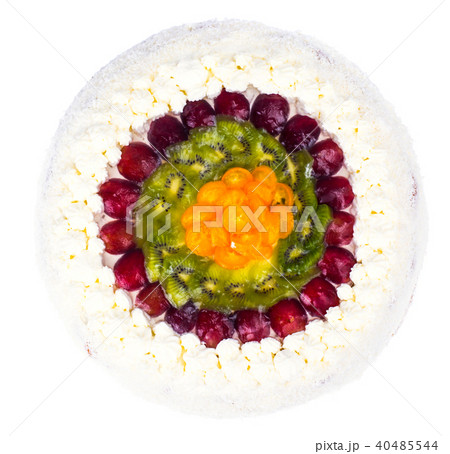 Homemade festive cake decorated with whipped cream and fruit in jelly 40485544