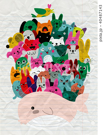 Doodle cute animal group on whale back 40487143