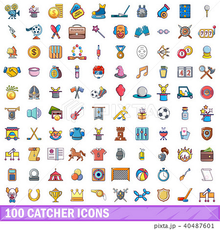 100 catcher icons set, cartoon style 40487601