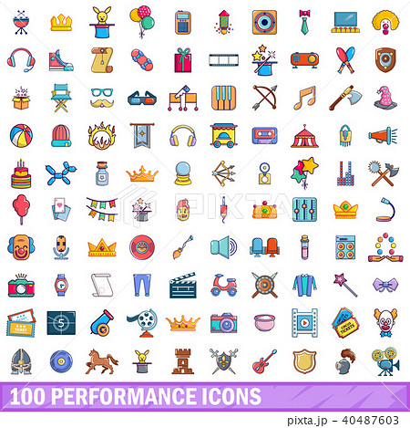 100 performance icons set, cartoon style 40487603