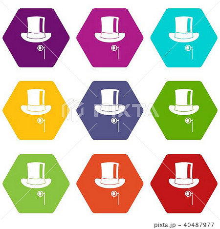 Hat with monocle icon set color hexahedron Hat with monocle icon set color hexahedron 40487977