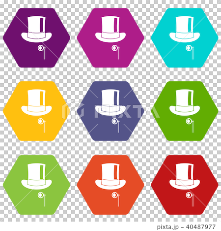 Hat with monocle icon set color hexahedron 40487977