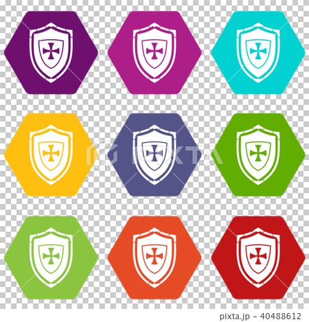 Shield with cross icon set color hexahedron 40488612