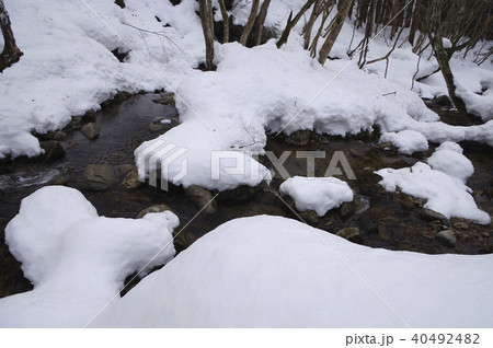 清流　水辺　積雪 40492482