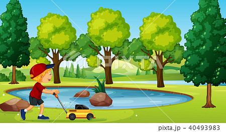 A Boy Gardening with Lawn Mower 40493983