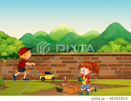 Boy and Girl Gardening at Yard Boy and Girl Gardening at Yard 40495854