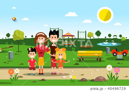 Happy Family in Park. Spring Vector Landscape. 40496729