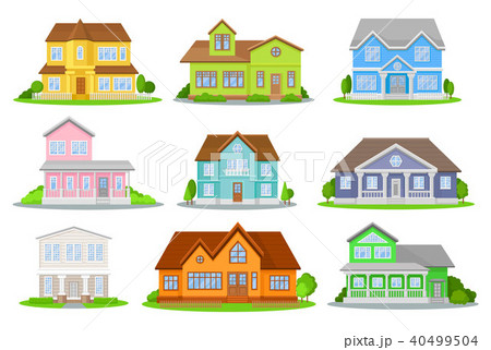 Flat vector set of colorful houses with green meadow, bushes and trees. Cozy residential cottages Flat vector set of colorful houses with green meadow, bushes and trees. Cozy residential cottages 40499504
