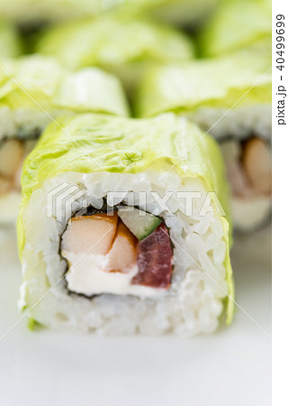 Japanese food restaurant, sushi maki gunkan roll plate or platter set. Sushi set and composition Japanese food restaurant, sushi maki gunkan roll plate or platter set. Sushi set and composition 40499699