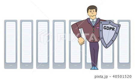 Funny strong man protecting servers with GDPR shield. Cartoon character. Simple vector illustration 40501520