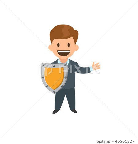 Funny smiling manager with a shield. Flat vector illustration. Isolated on white background. 40501527