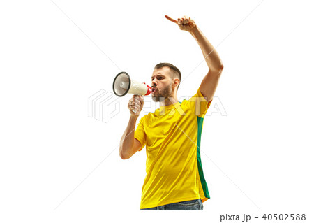 Brazilian fan celebrating on white background 40502588