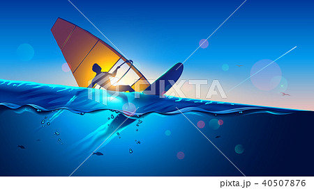 Windsurfing. Young man on wind surfing board flying at waves and touching water surface. Windsurfer 40507876
