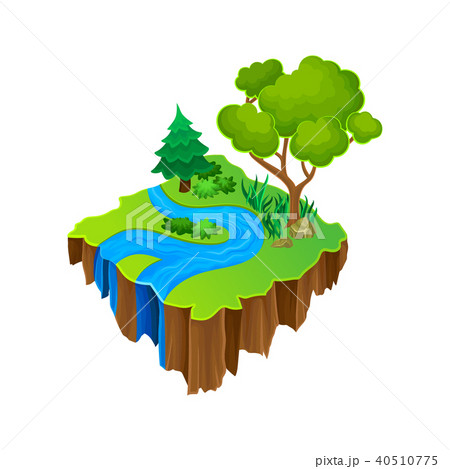 Isometric Island With Blue River Green Grass のイラスト素材