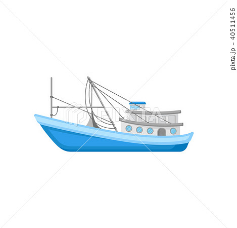 Flat vector icon of large commercial fishing boat with trawling equipment. Blue marine vessel for 40511456