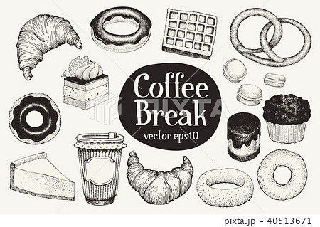Coffee Break Dessert Set Vector Hand Drawn のイラスト素材