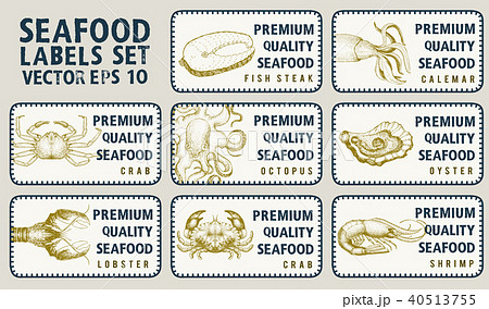 Labels with seafood. Set templates price tags for shops and markets of organic food. Vector Labels with seafood. Set templates price tags for shops and markets of organic food. Vector 40513755