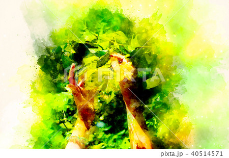 gentle prayer to a beautiful linden tree on bright midsummer day and softly blurred watercolor 40514571