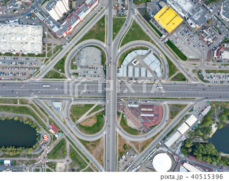 Aerial view roadway system in Kiev with many cars on the roads. Drone photograph 40515396